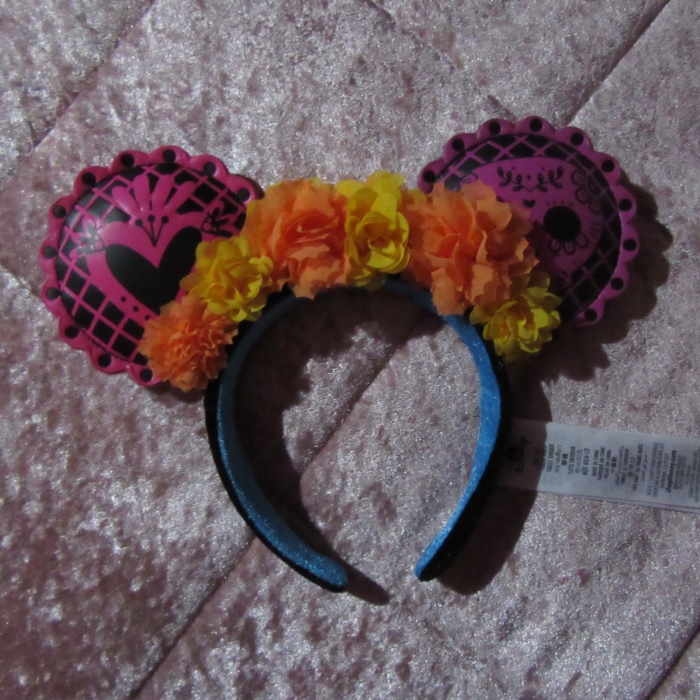 Disney Pink and Orange Floral Dia De Muertos Mouse Ears Headband